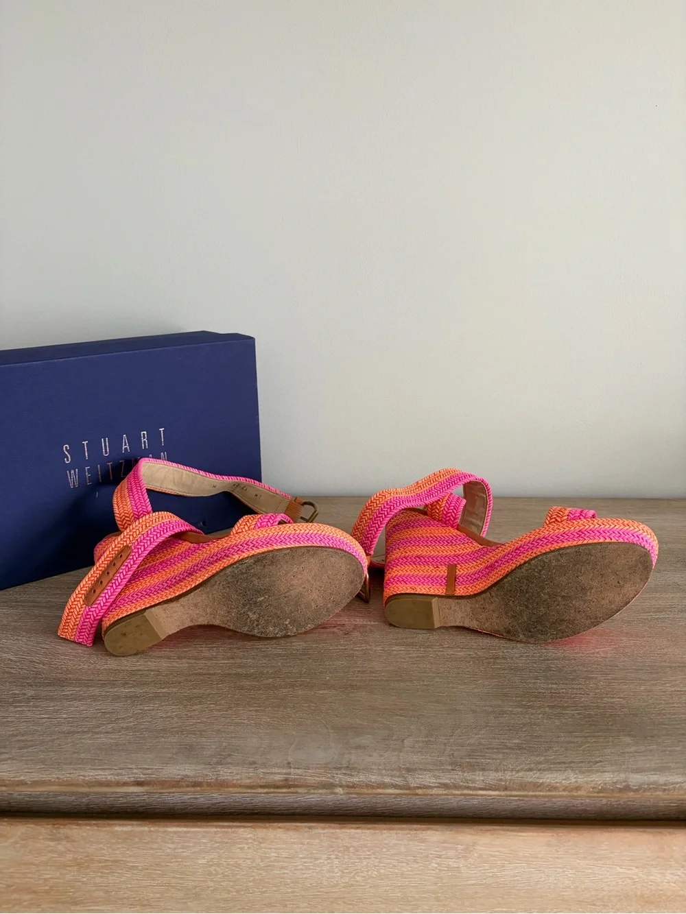 Stuart Weitzman Neon Pink & Orange Braided Wedge Sandals - Picture 5 of 6